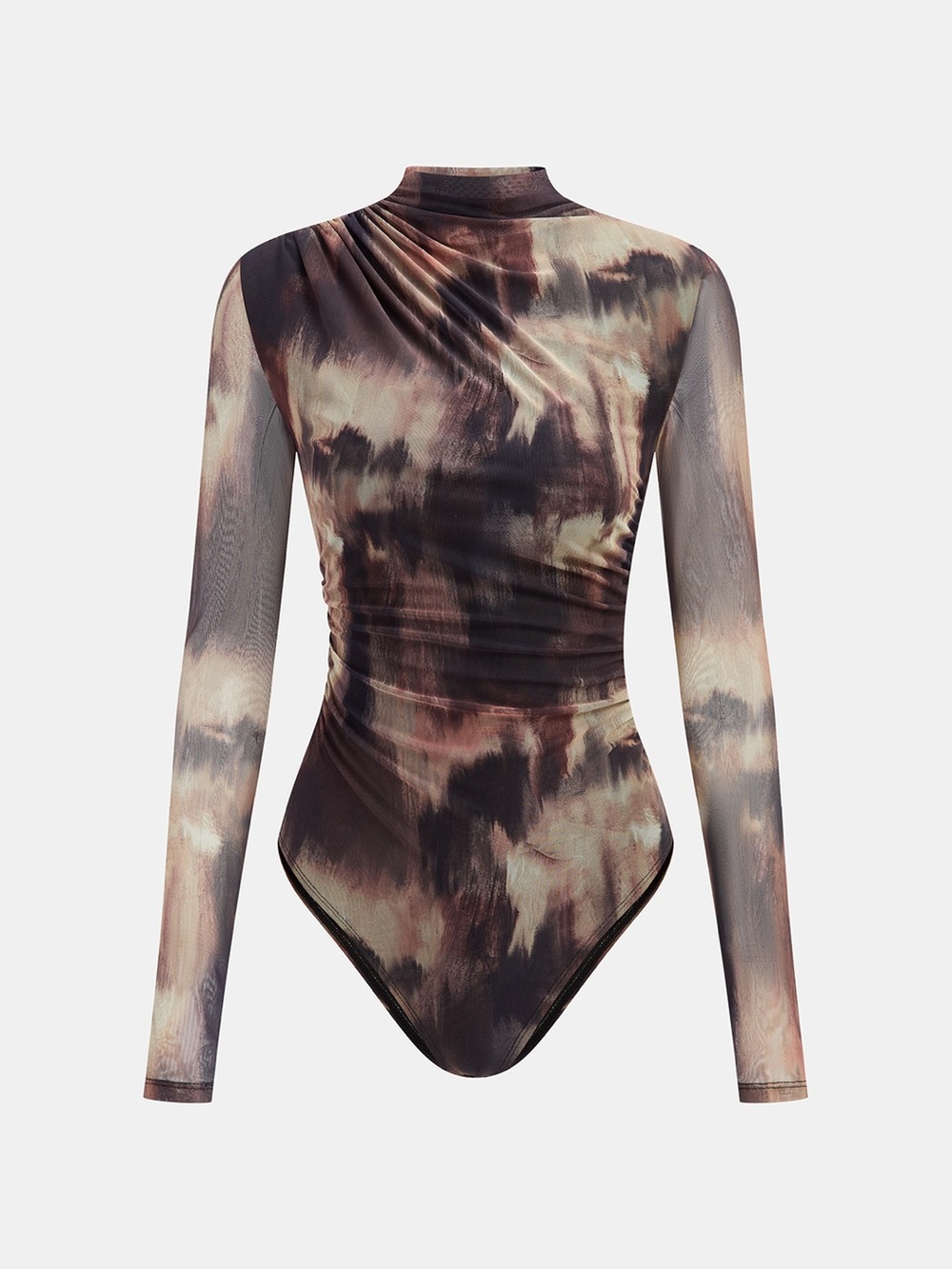 New Commense Long Sleeve Tie-Dye Mock Neck Mesh Bodysuit - Brown